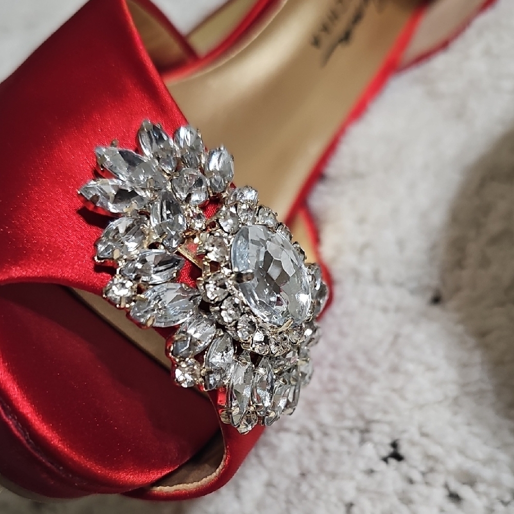 Badgley Mischka Red Satin Heels with Crystal Accents - Picture 5 of 6